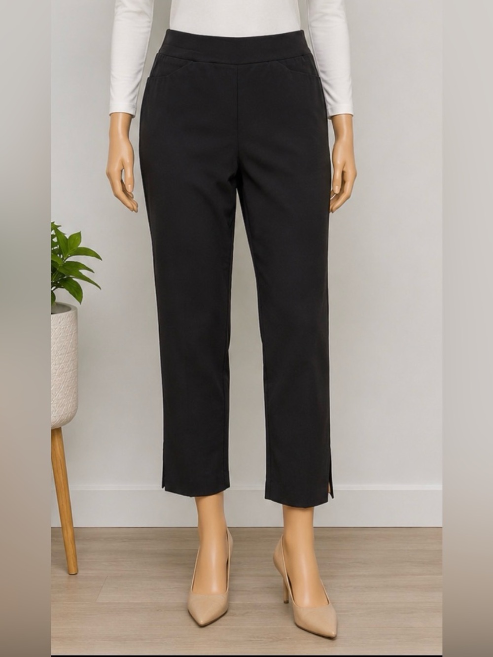Essentials Sioni Black pants women size L straight leg side slits stretch
